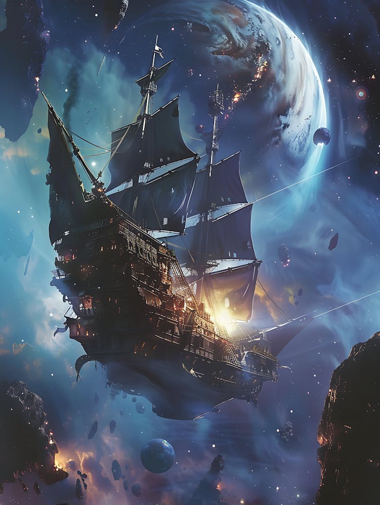 Fantasy Ship Floating in the Galaxy 9