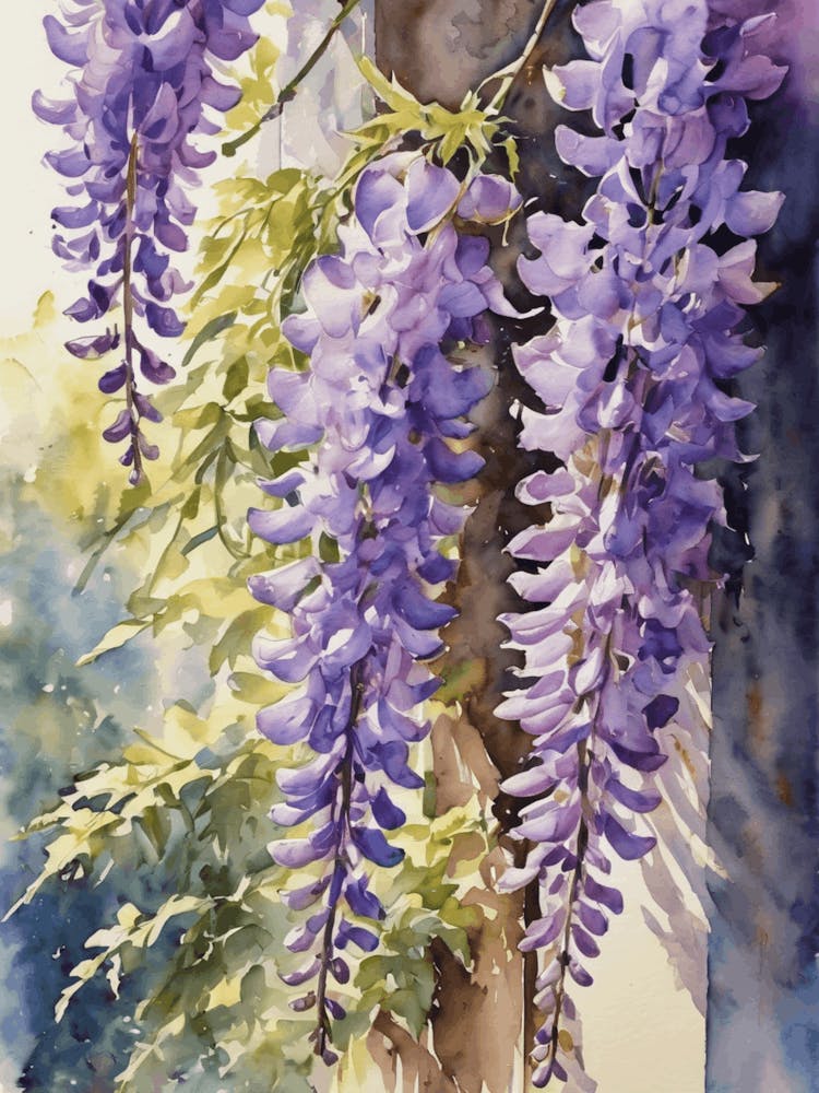 Wisteria Flowers - Summer in an English Garden Watercolor Large Artwork | HD Painting by John Arwen