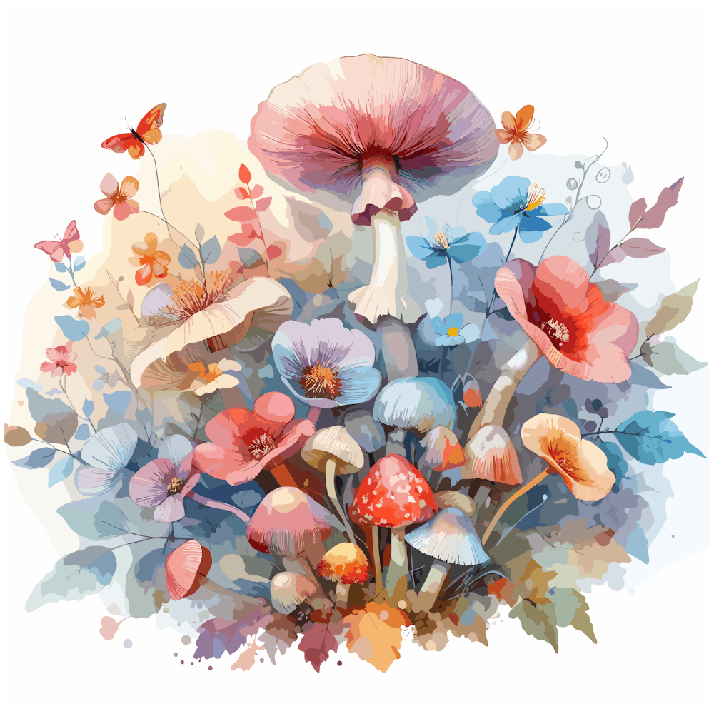 Mushrooms And Flowers Delicate Watercolor Petals