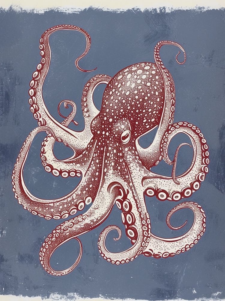 Octopus Linocut Style With Aqua Marine Plants 3