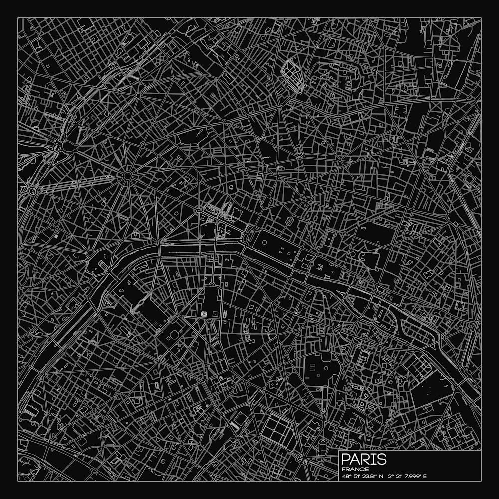 Paris France city map white on black blueprint design