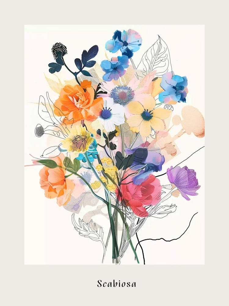 Scabiosa Collage Flower Bouquet Poster