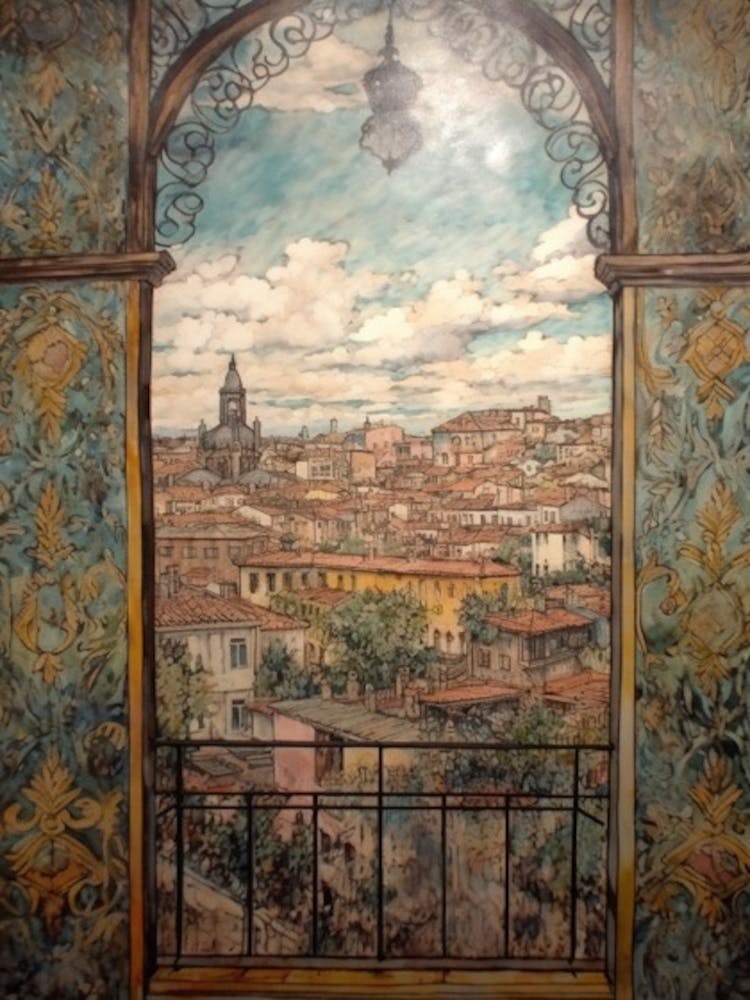 A Window View Of Barcelona In The Style Of Art Nouveau 3