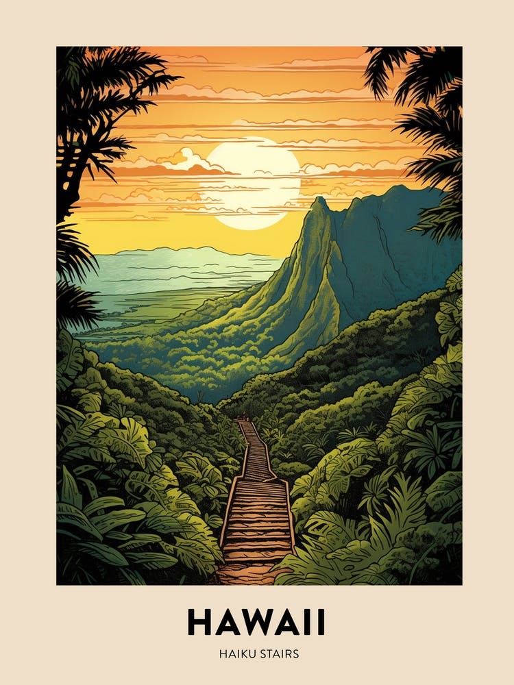 Haiku Stairs Hawaii Affiche de Randonnée et de Voyage Vintage