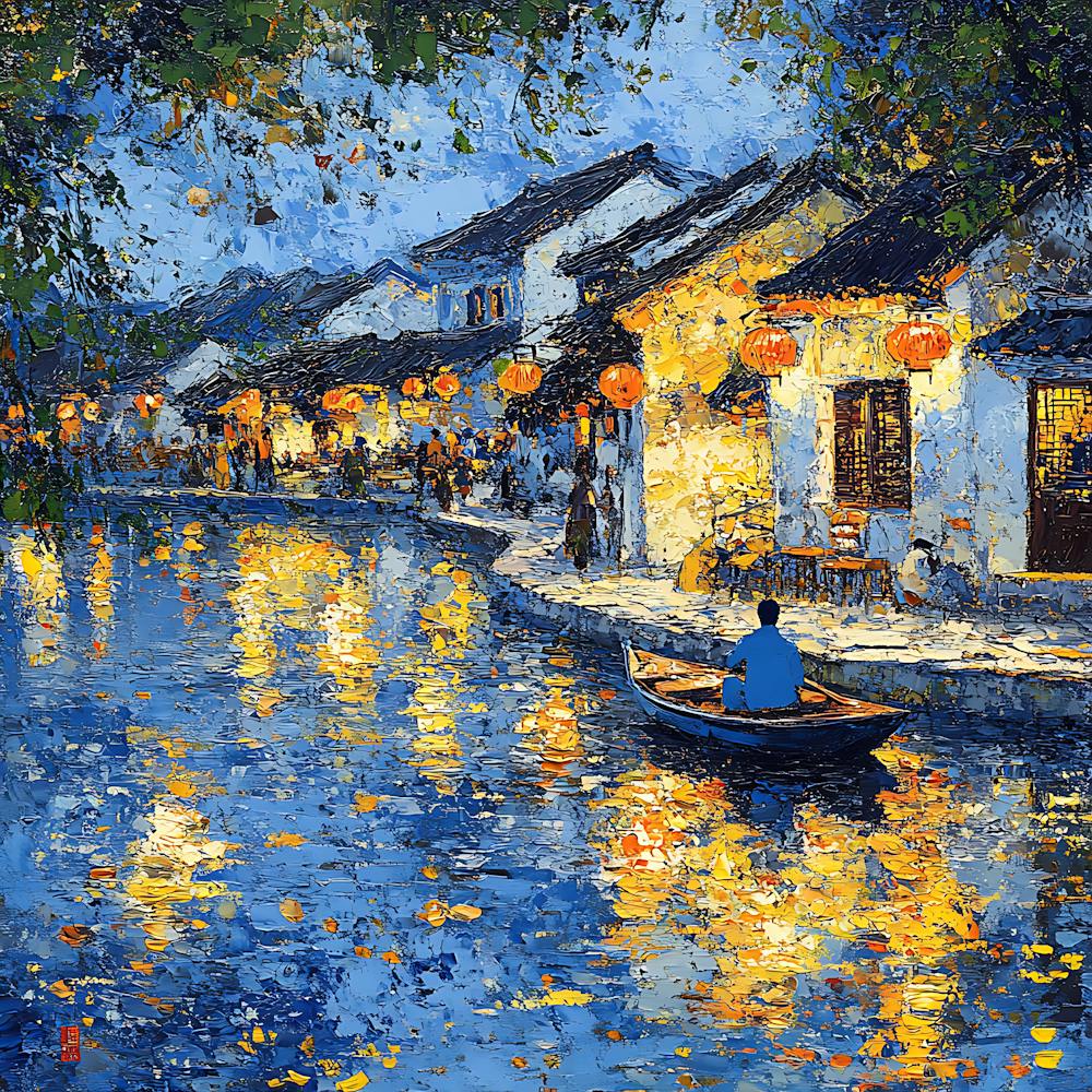 Peaceful Village Waterway Night Scene 2