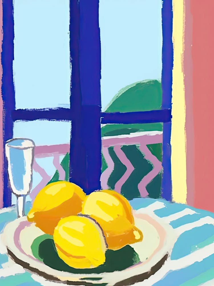Painting Of A Lemons And Wine, Frenchch Riviera View, Checkered Cloth, Matisse Style 2