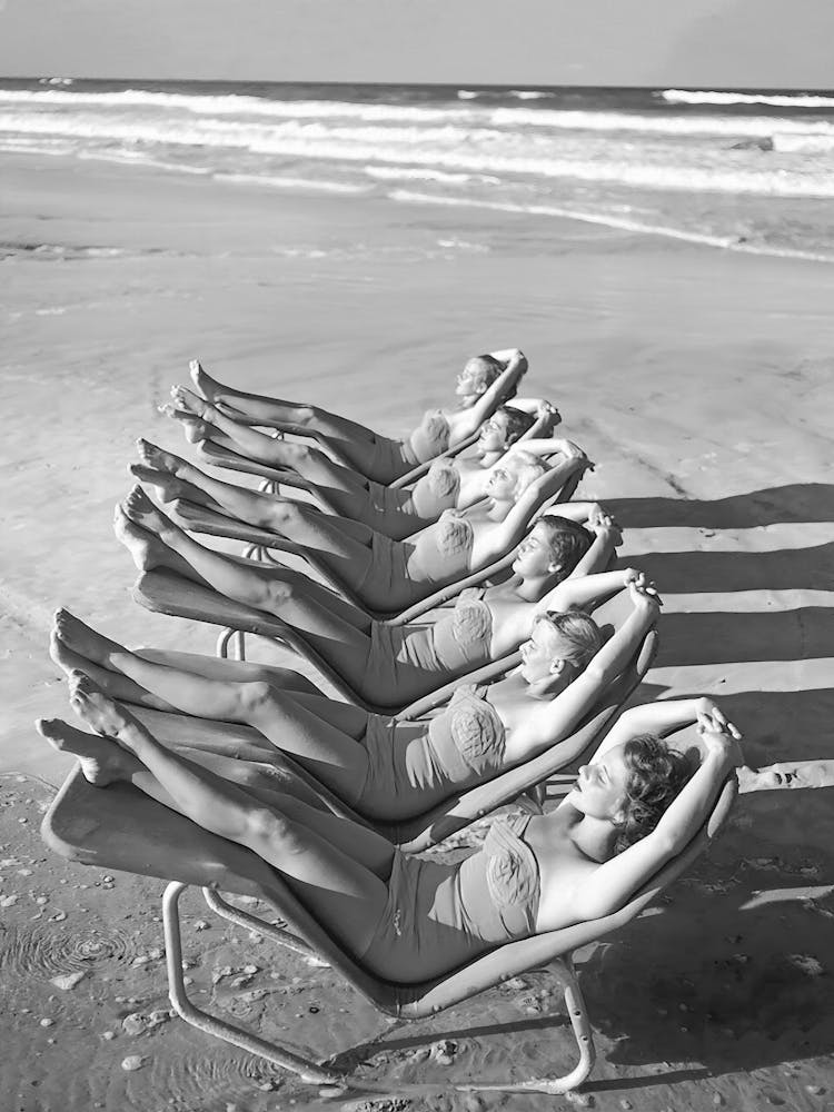 Women Lounging at the Beach, Vintage Black and White Old Photo