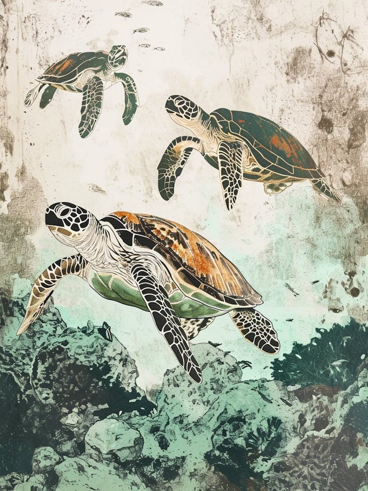 Three Sea Turtles Exploring The Ocean Silk Screen Inspired