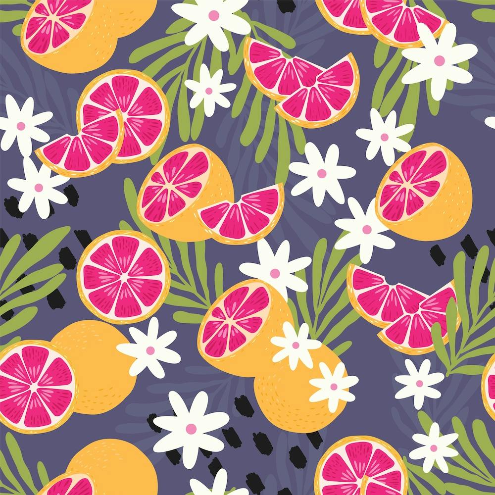 Grapefruit Pattern On Purple With Floral Decoration Square