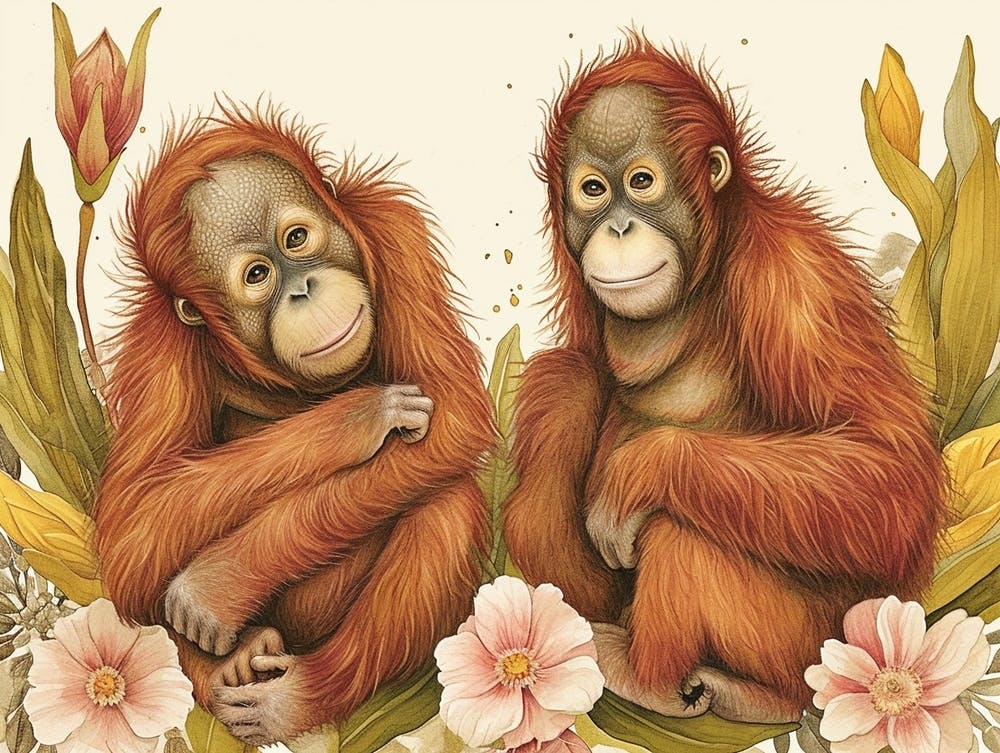 Floral Animal Illustration Orangutan 3