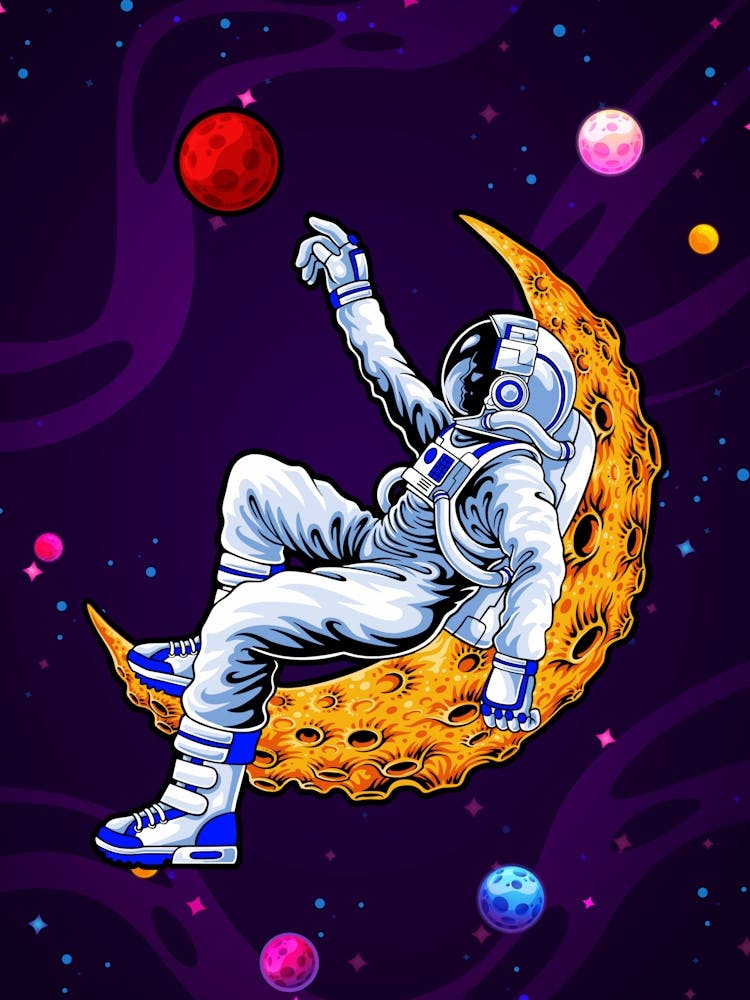 Astronaut and Moon dreaming about Mars — space poster, synthwave space, neon space, aesthetic poster