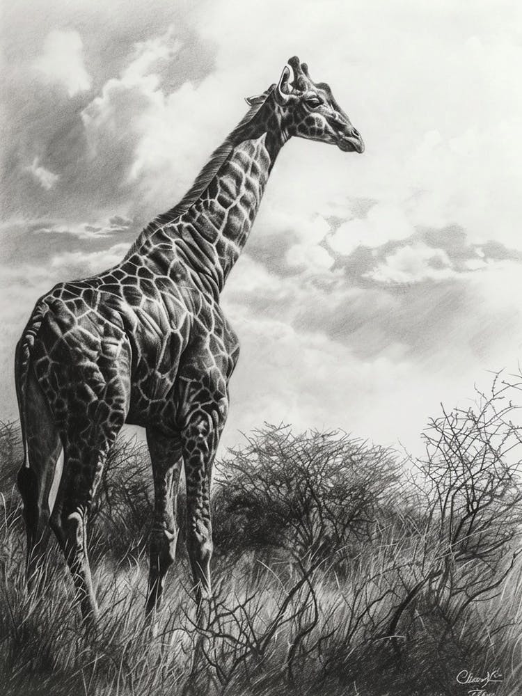 Giraffe In The Grass Pencil Drawing 8
