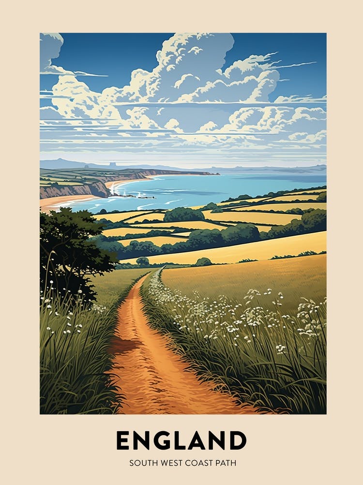 South West Coast Path England 3 Vintage Hiking Travel Poster
