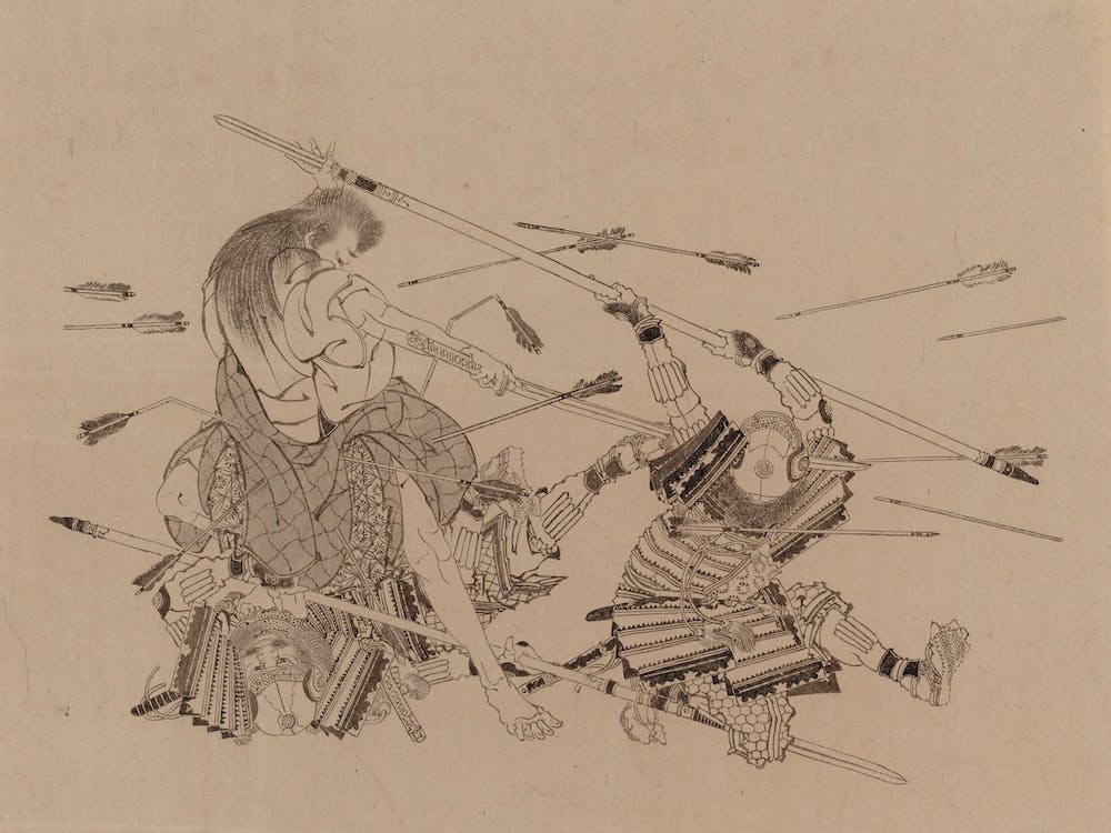 Taistelukohtaus Yekon Vakan Shohonkvaista, Osaka 1836, Katsushika Hokusai