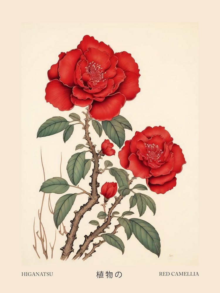 Higanatsu Red Camellia 1 Vintage Japanese Botanical Poster