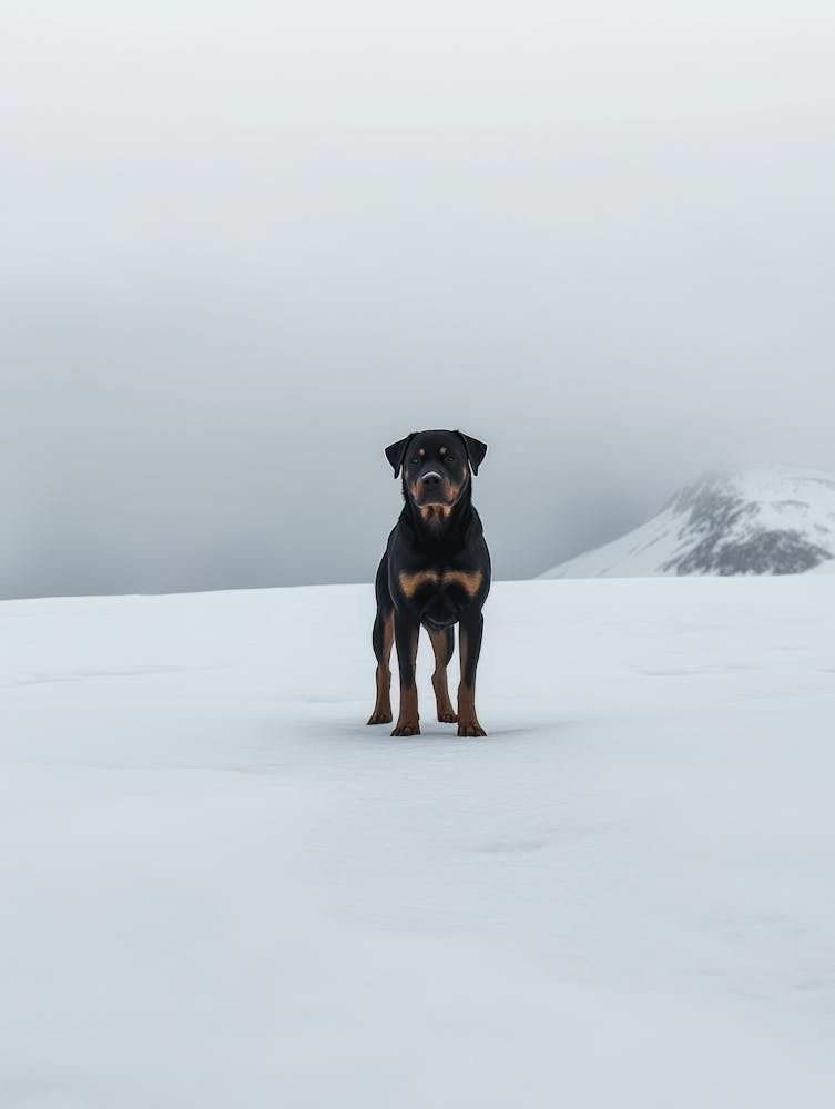 Rottweiler Im Schnee. KI-generiert.