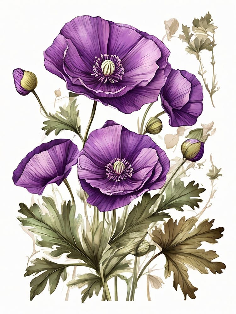 Purple Poppy Mallow Wildflower Vintage Botanical