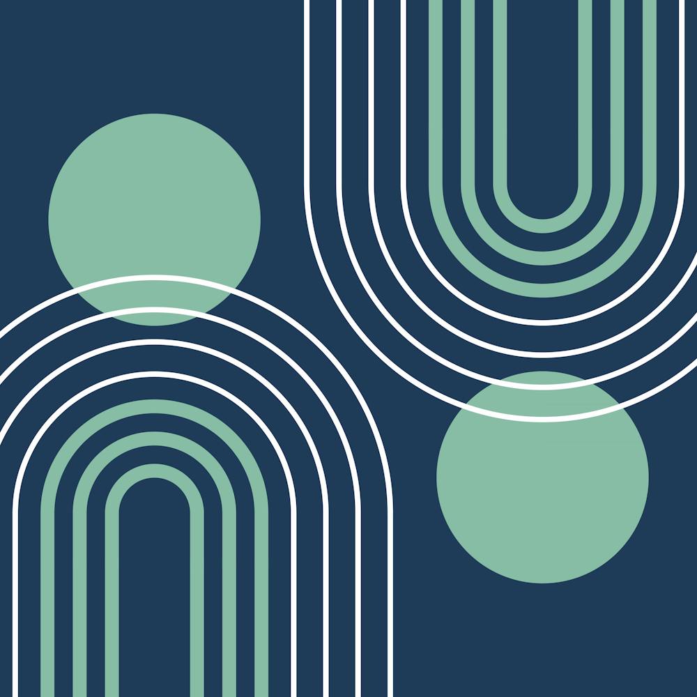 Mid Century Modern Geometric B26 In Navy Blue And Greenery (Rainbow And Sun Abstract) 02