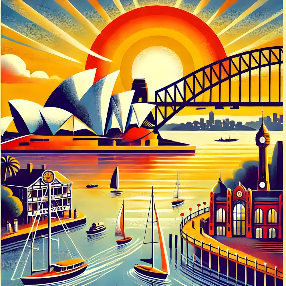 Golden Skies Of Sydney Vintage Travel Poster