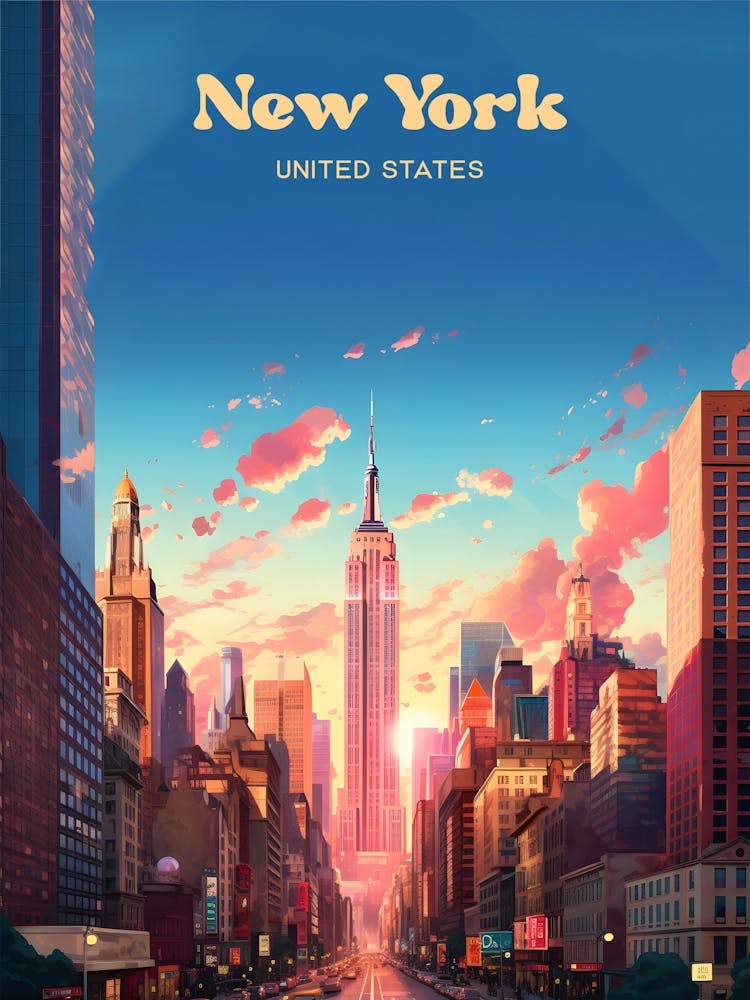 New York United States Sunset Travel Art