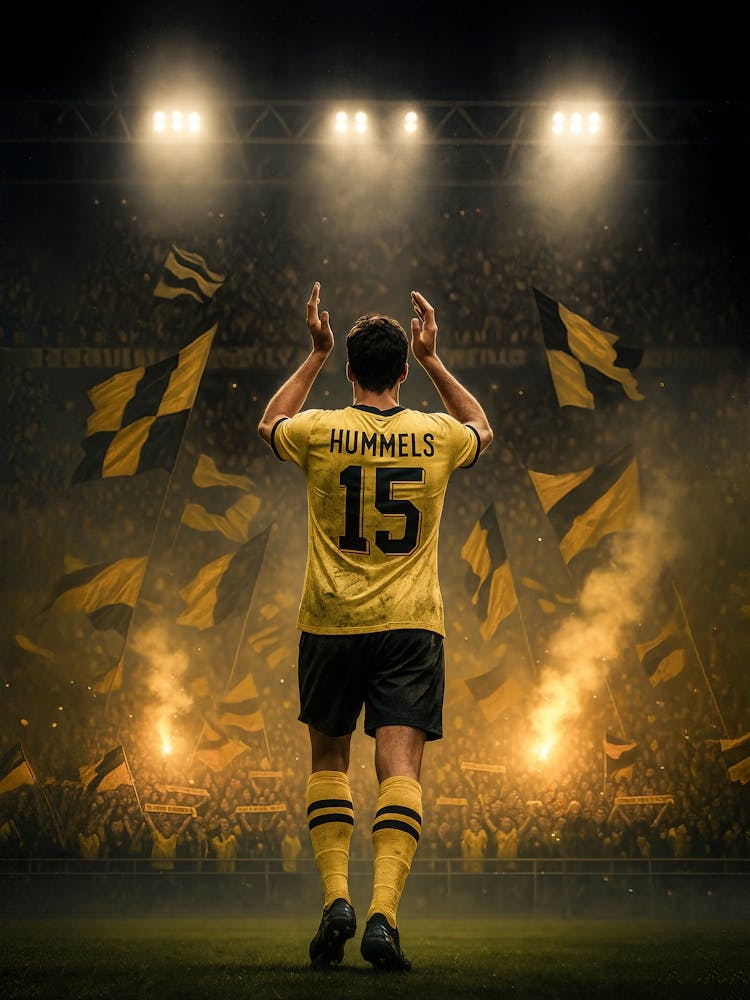 Mats Hummels BVB Poster – Dortmund Night and Legacy: Under the lights of Signal Iduna Park, Hummels stands tall. This BVB poster honors the captain’s journey through Bundesliga, Dortmund, and champions league battles – a tribute to German strength and lea