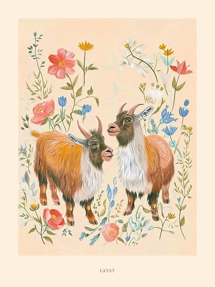 Folksy Floral Animal Drawing Goat 2 Poster