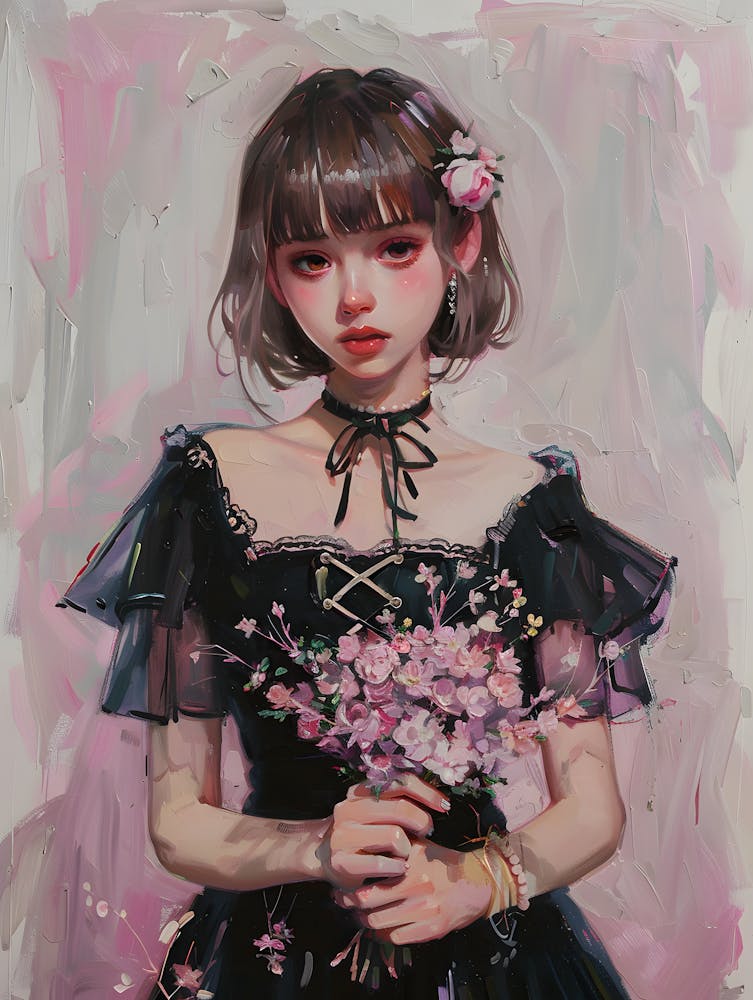 Anime Girl In Black Dress Holding Pink Flowers