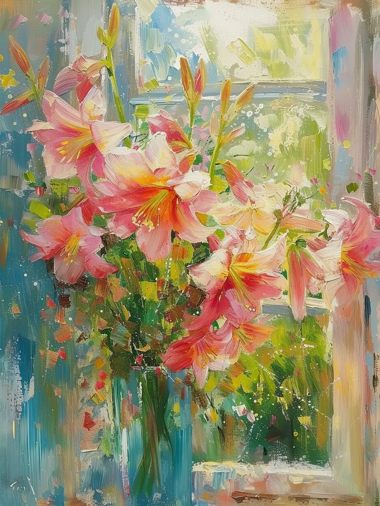 Amayllis Flowers On A Cottage Window 1