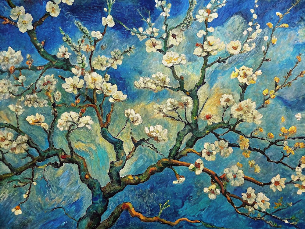 Van Gogh White Blossoms On Dark Blue Branches With