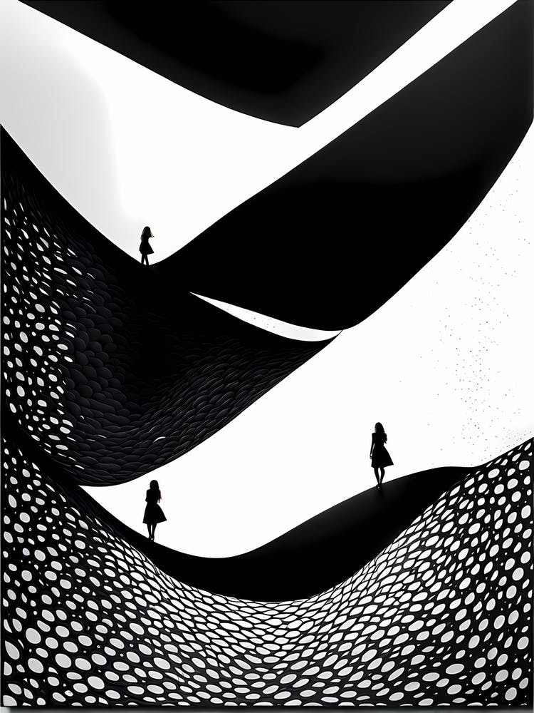 Abstract Landscape, 3 of us, black and white monochromatic art