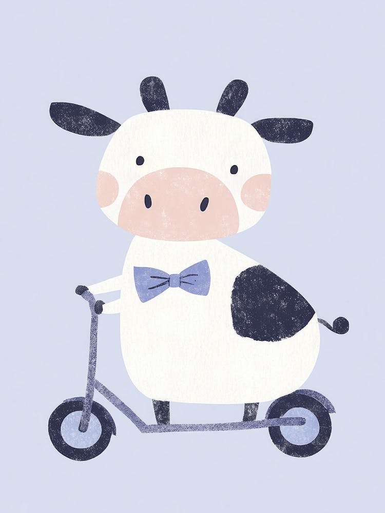 Funny Kids Art Cow On a Scooter