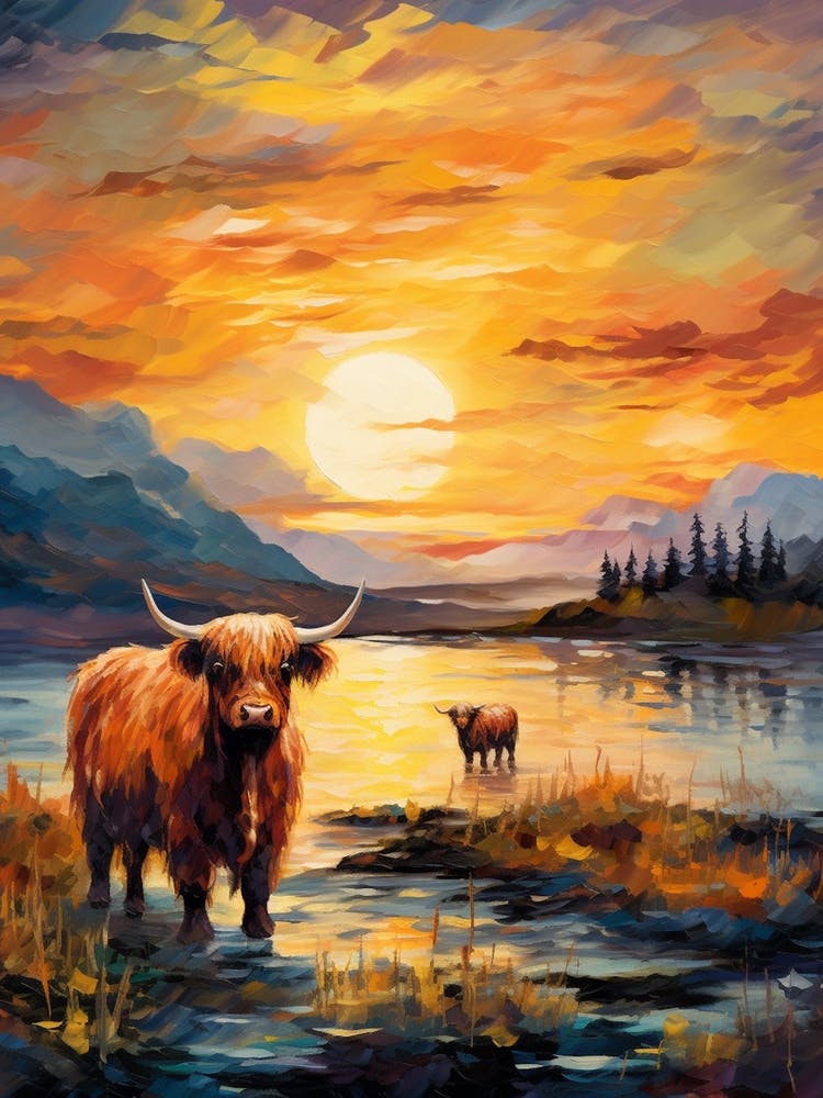 Vaches des Highlands dans le Loch - Peintures Style Impressionniste 2