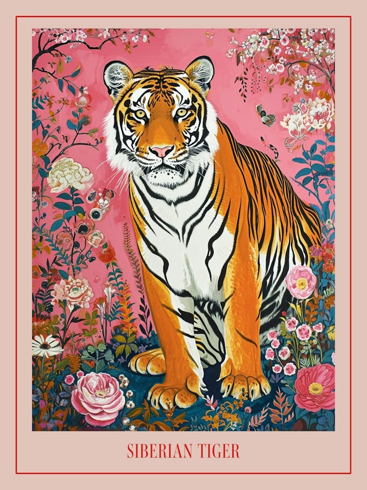 Floral Animal Painting Siberian Tiger 1 Poster