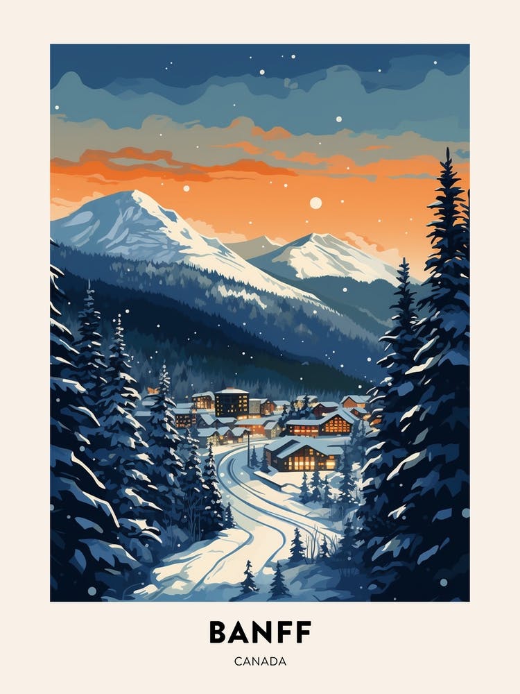Winter Night  Travel Poster Banff Canada 2