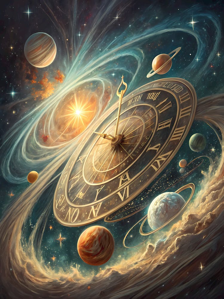 A Glowing Celestial Clock with Planets Oil Painting Style