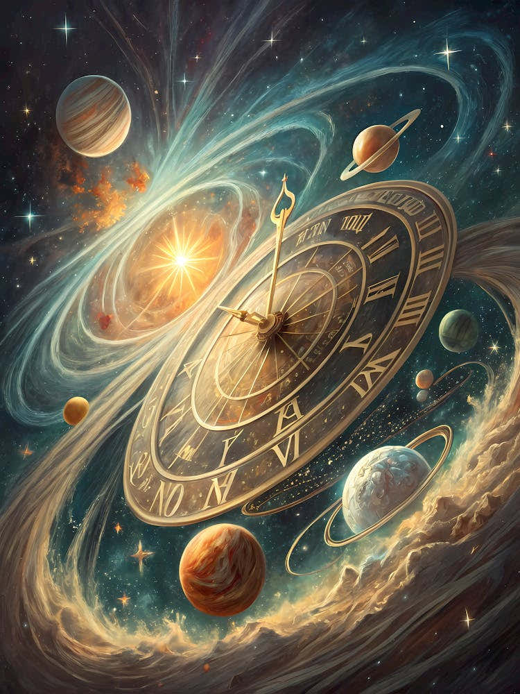 A Glowing Celestial Clock with Planets Oil Painting Style