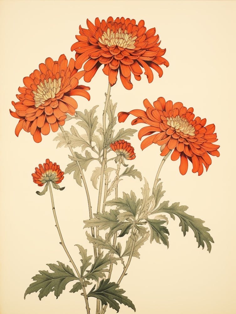 Kiku Chrysanthemum 3 Vintage Japanese Botanical