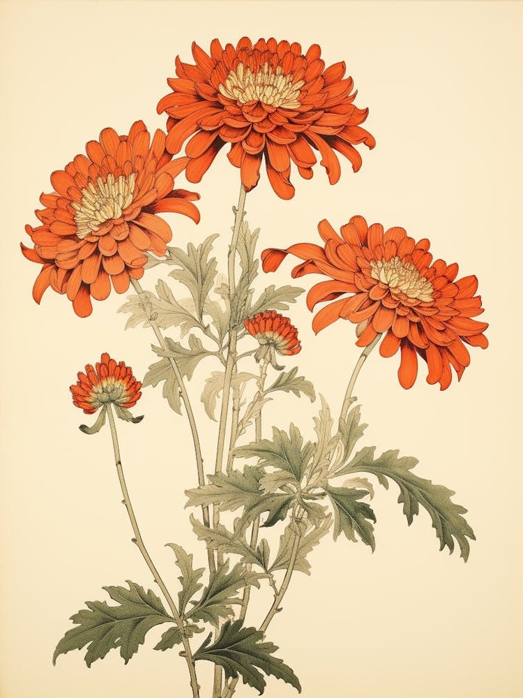 Kiku Chrysanthemum 3 Vintage Japanese Botanical