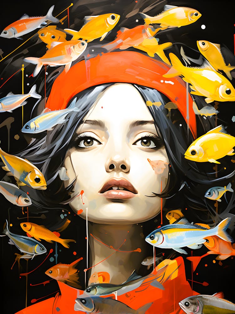Surreal Woman & Goldfish Wall Art – Vibrant Portrait, Abstract Aquatic Dream
