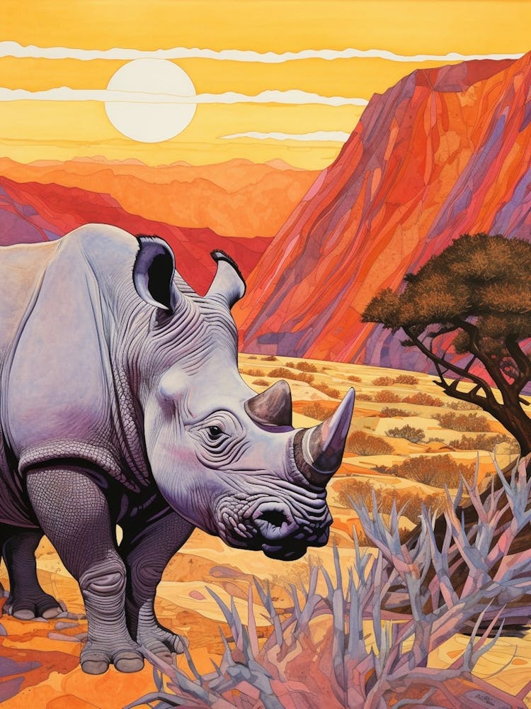 Rhinocéros Au Lever Du Soleil Style Collage 4
