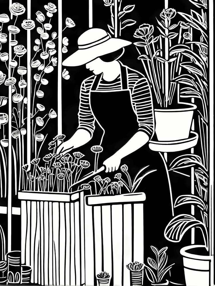Just a girl who loves Gardening, Lion cut inspired Black and white Stylized portrait of a woman Gardening, 239