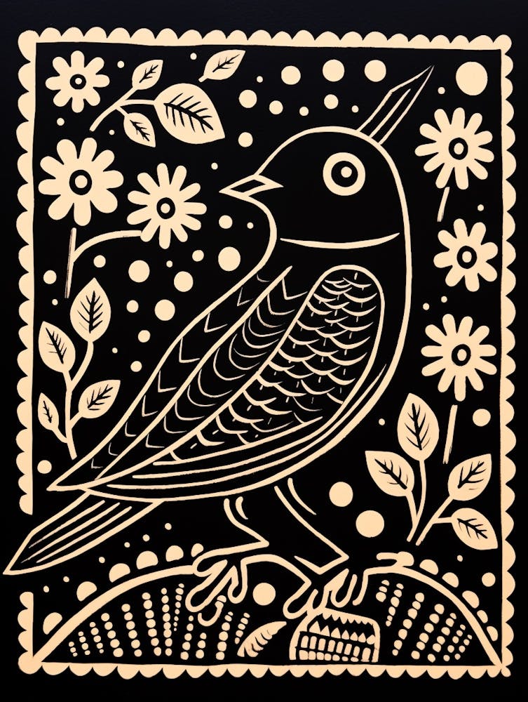 B&W Bird Linocut Bluebird 4