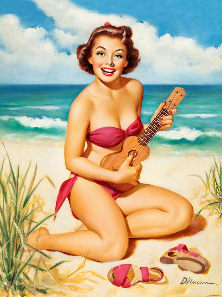 Pinup Beautiful Sexy Woman Plays Ukulele On The Hawaiian Coast