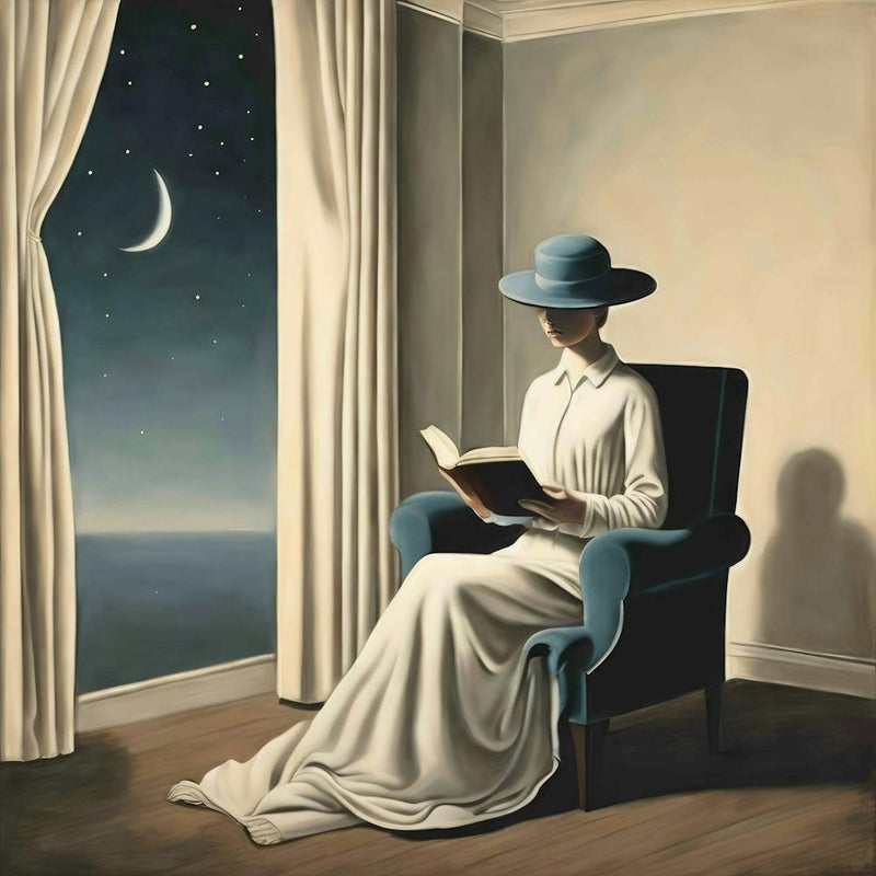 Evening Repose: Serene Woman Reading Book by Moonlight