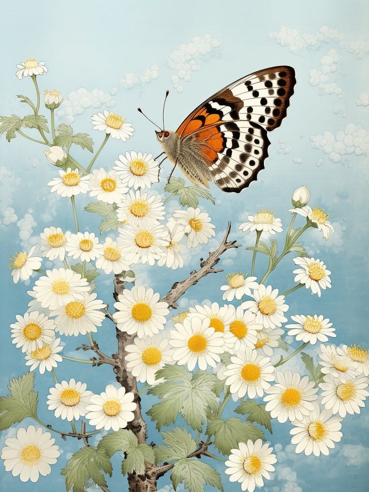 Papillons Dans Les Marguerites Peinture de Style Japonais 1