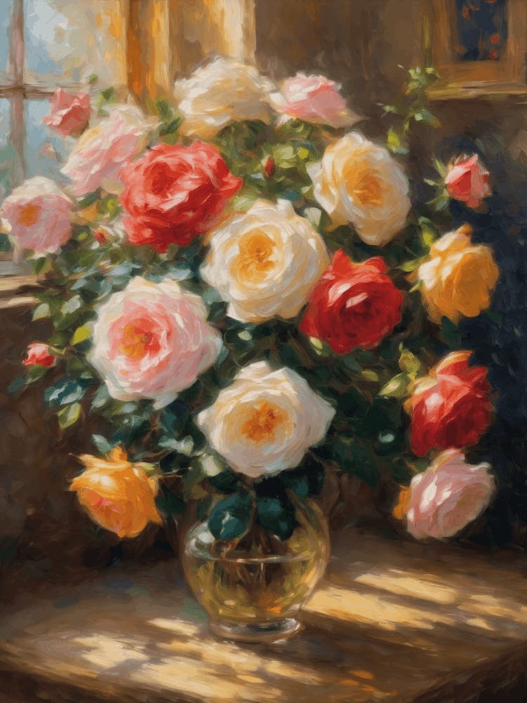 English Roses in Bloom | Antique Oil Painting | Vase of Flowers in Pink and Cream