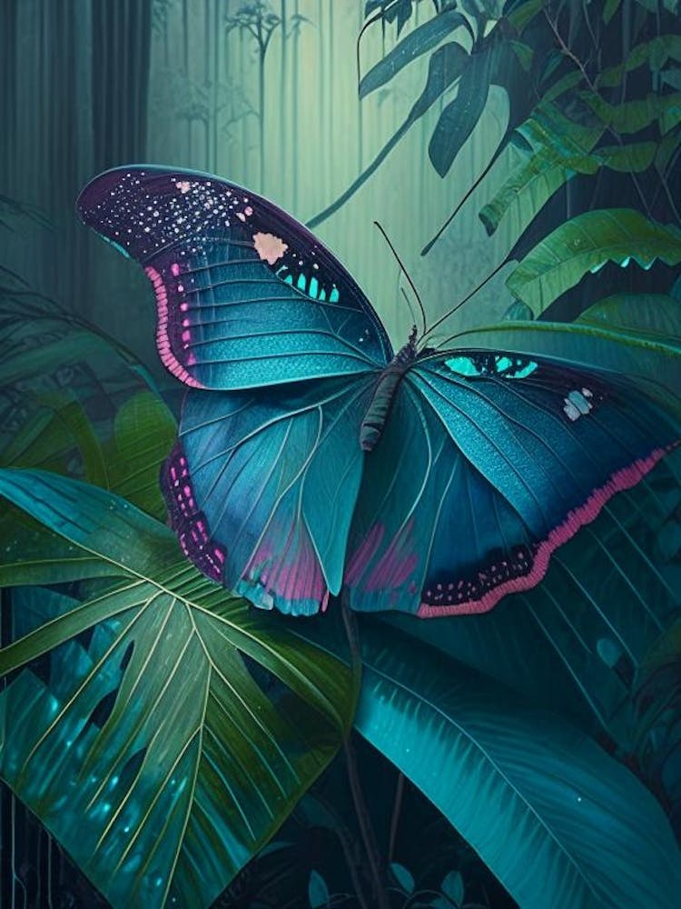 Morpho Butterfly In Rain Forest Vintage Pastel 1
