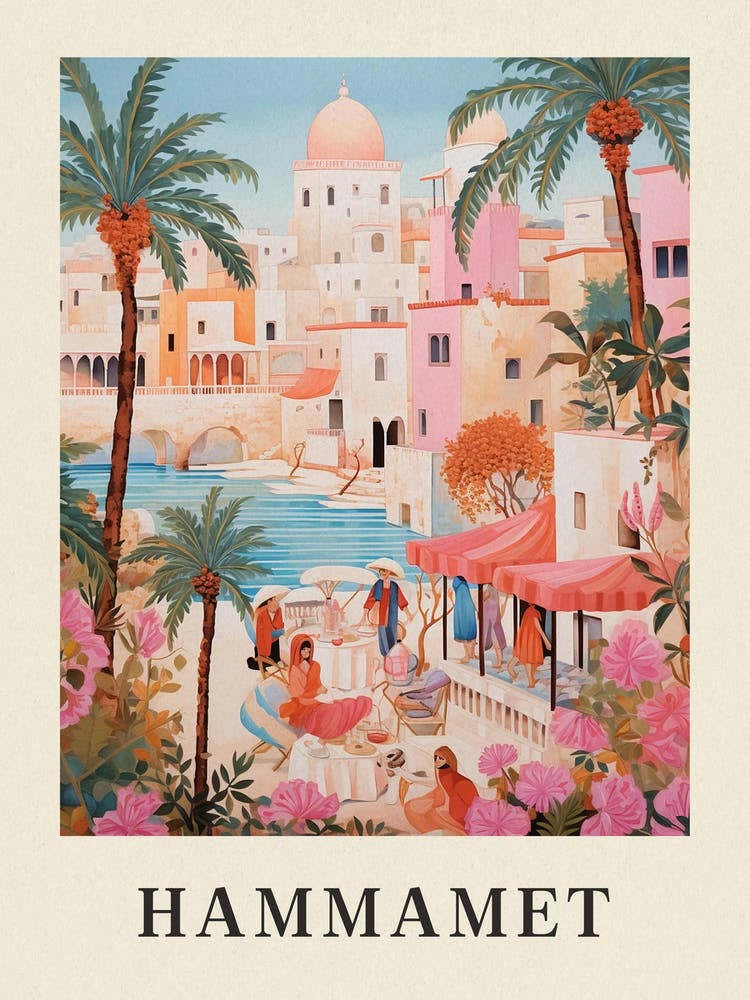 Hammamet Tunisia 1 Vintage Pink Travel Illustration Poster