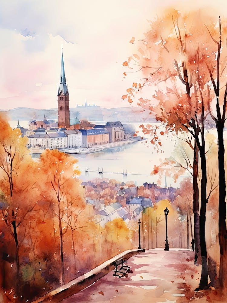 Oslo Norway In Autumn Fall, Watercolour 1
