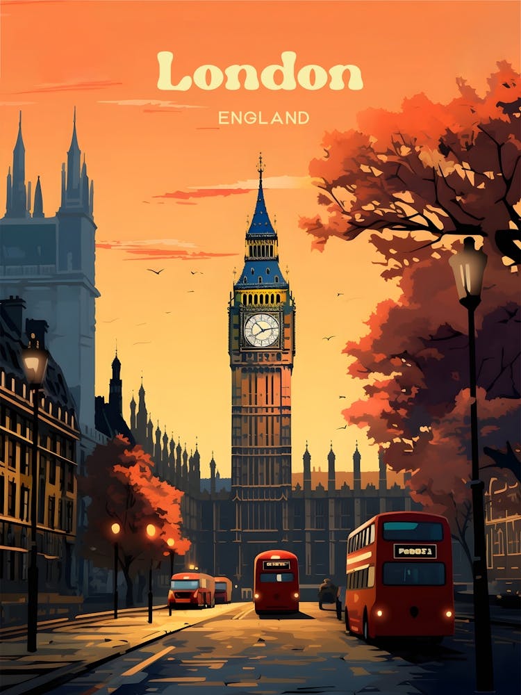 London England Sunset Travel Art Illustration